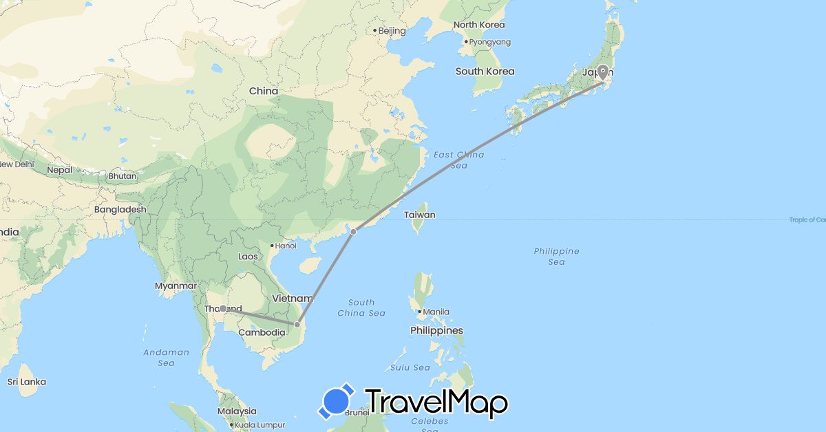 TravelMap itinerary: driving, plane in China, Japan, Thailand, Vietnam (Asia)